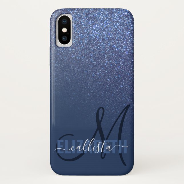 Diagonal Navy Blue Glitzer Gradient Ombre Monogram Case-Mate iPhone Hülle (Rückseite)