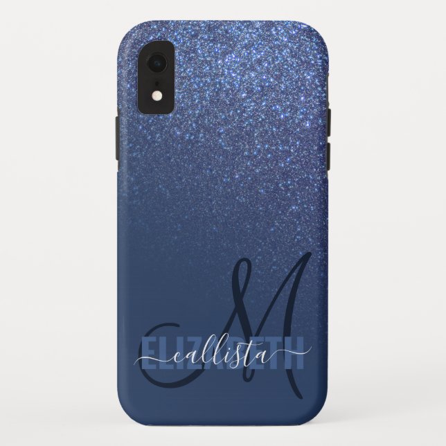 Diagonal Navy Blue Glitzer Gradient Ombre Monogram Case-Mate iPhone Hülle (Rückseite)