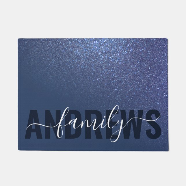 Diagonal Navy Blue Glitzer Gradient Ombre Monogram Fußmatte (Vorderseite)