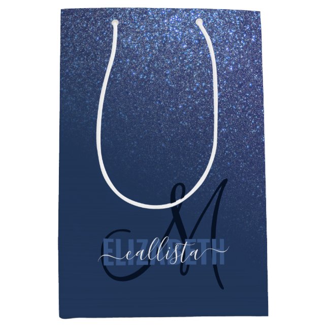 Diagonal Navy Blue Glitzer Gradient Ombre Monogram Mittlere Geschenktüte (Vorderseite)