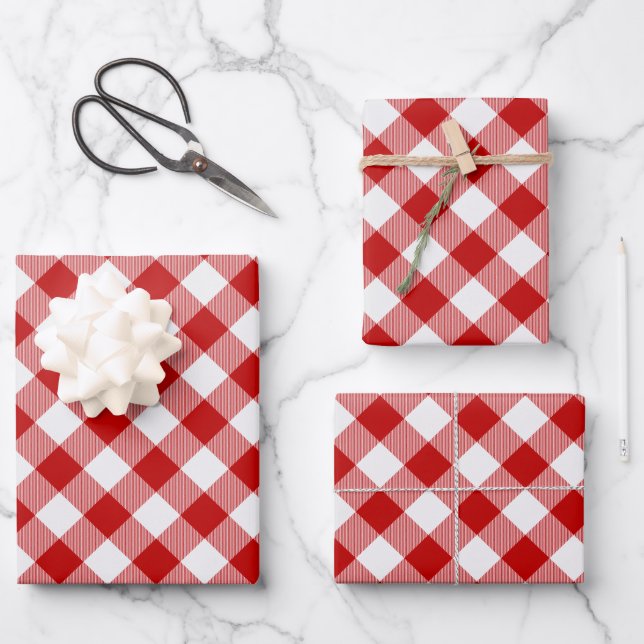 Diagonal Red White Squares Buffalo Karierter Karo Geschenkpapier Set (Vorderseite)
