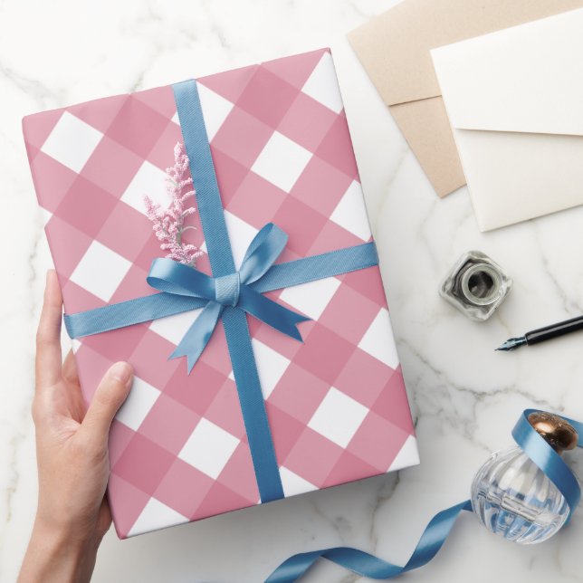 Diagonal rosa und Weißbüffel Kariert Geschenkpapier (Schenken)