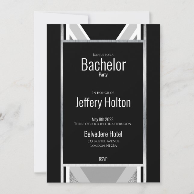 Diagonal schwarz, grau, metallisch gestreift rette save the date (Vorderseite)