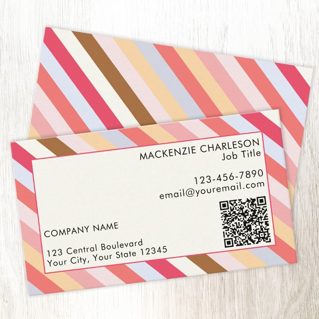 Diagonal Stripe Moderner QR Code Visitenkarte (Muted candy stripe pattern business card with custom text and QR code)