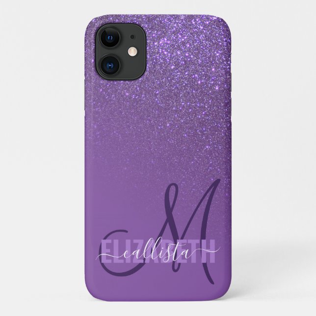 Diagonal Violet Lila Glitzer Gradient Monogramm Case-Mate iPhone Hülle (Rückseite)