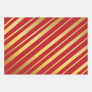Diagonale goldene Streifen Rot Blau Grün Muster Geschenkpapier Set