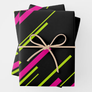 Diagonalen in Kalkgrün, Hot Rosa und Schwarz Geschenkpapier Set