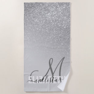 Diagonaler Silber Glitzer Gradient Ombre Monogramm Strandtuch