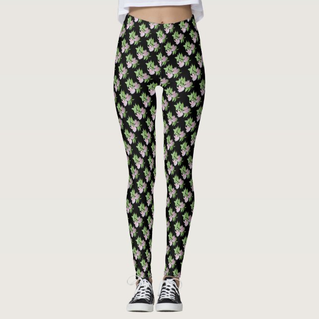 Diagonalreihen kleiner rosa Blume, blühschwarz Leggings (Vorderseite)
