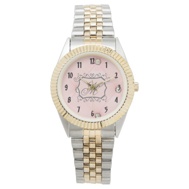 Diamant Bling Pink Tufted Monogram Armbanduhr (Vorderseite)