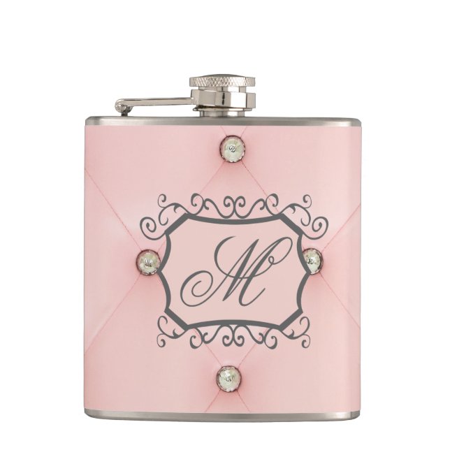 Diamant Bling Pink Tufted Monogram Whiskey Flask Flachmann (Vorderseite)