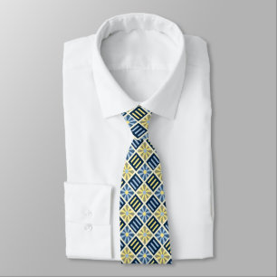 Diamant-Blumen-Geometrie Blau und Gelb Zweiseitig Krawatte