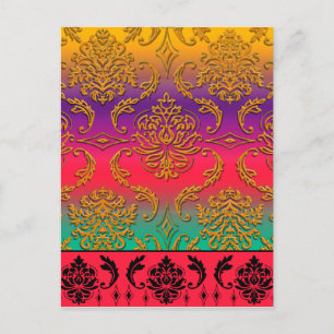 Diamant-Damask, NEON-REGENBOGEN in Goldenrod & Lil Postkarte