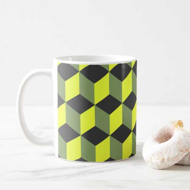 Diamant, der Muster im gelben schwarzen Grau Kaffeetasse (Mit Donut)