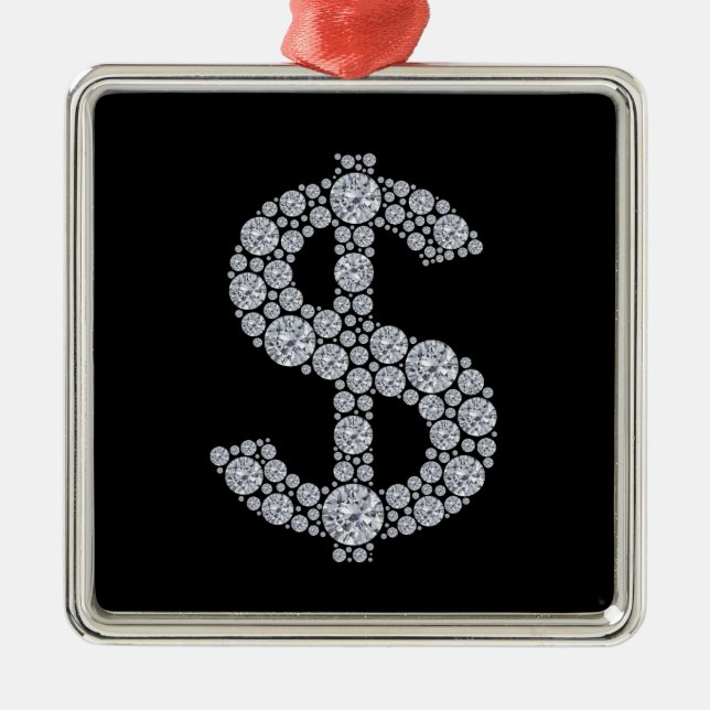 Diamant-Dollar-Zeichen Bling Silbernes Ornament (Vorne)