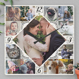 Diamant geformtes Familienfoto Collage Rustic Lt W Quadratische Wanduhr