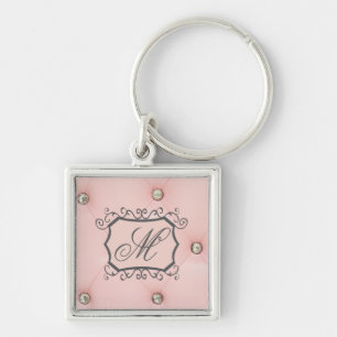 Diamant Glanz Rosa Tufted Leder Monogramm Schlüsse Schlüsselanhänger