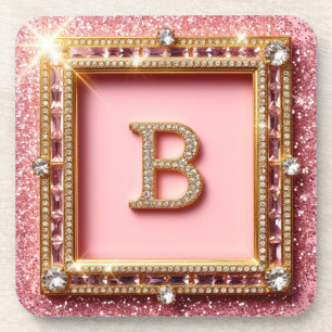 Diamant Initial B Pink Glitter Gold Rahmen Monogra Getränkeuntersetzer