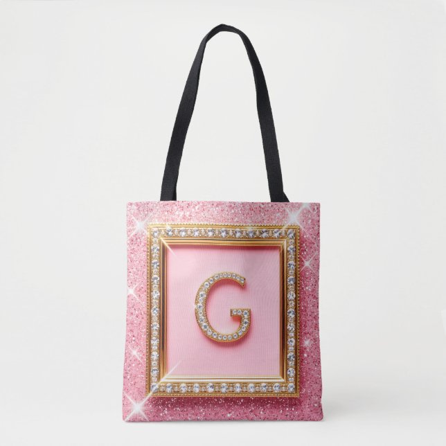 Diamant Initial G Goldrahmen Pink Glitter Monogram (Vorderseite)