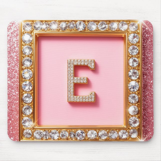 Diamant Initiale E Goldrahmen Pink Glitter Monogra Mousepad (Vorne)