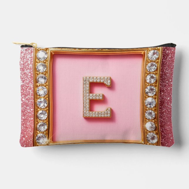 Diamant Initiale E Goldrahmen Pink Glitter Monogra Zubehörtasche (Vorderseite)