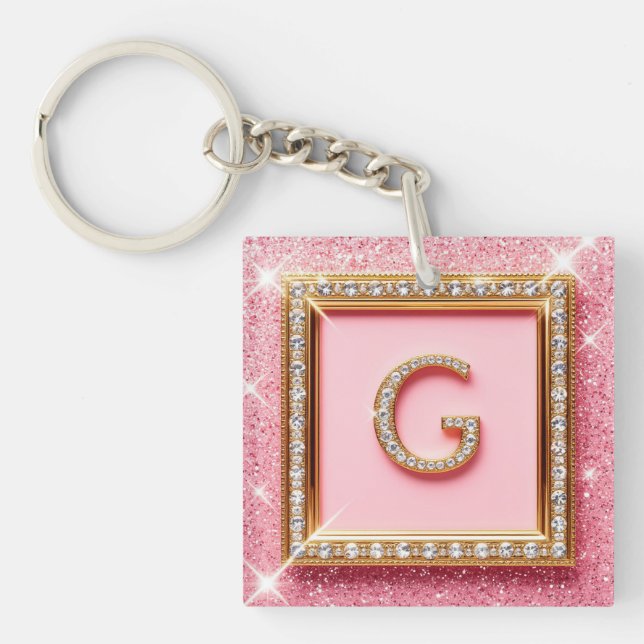 Diamant Initiale G Goldrahmen Pink Glitter Monogra Schlüsselanhänger (Vorderseite)