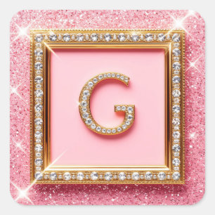 Diamant Initiale G Goldrahmen Pink Glitzer Monogra Quadratischer Aufkleber