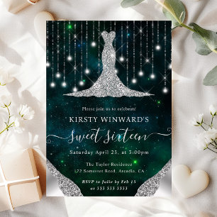 Diamant Kleid & Bokeh Lichterkette Sweet 16 Einladung