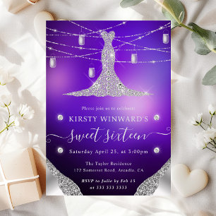 Diamant Kleid und Mason Gläser Glam Sweet 16 Einladung