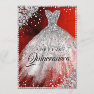Diamant-Lace-Sparkle-Kleid Rot Silber Quinceanera Einladung