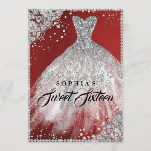Diamant-Lace-Sparkle-Kleid Rot Silber Sweet 16 Einladung