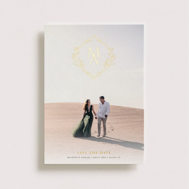 Diamant Monogramm mit Blume Gold Save the Date Folieneinladung (Von Creator hochgeladen)