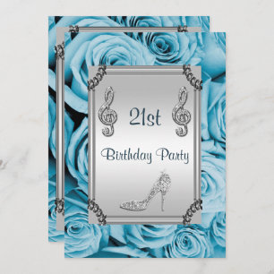 Diamant-Musiknote, Stilett u. blaue Rosen 21. Einladung