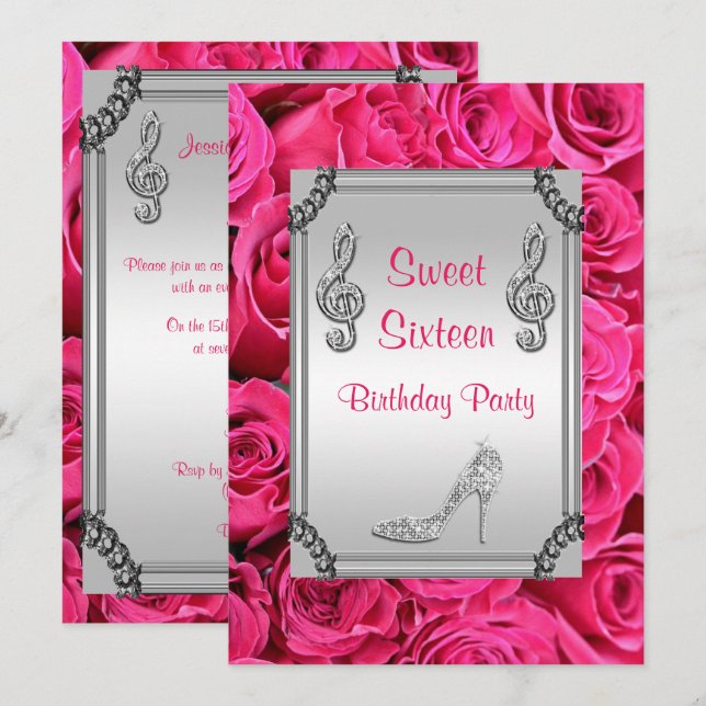 Diamant-Musiknote, Stilett u. Rosen-Bonbon 16 Einladung (Vorne/Hinten)