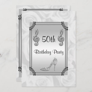 Diamant-Musiknote, Stilett u. weiße Rosen 50. Einladung