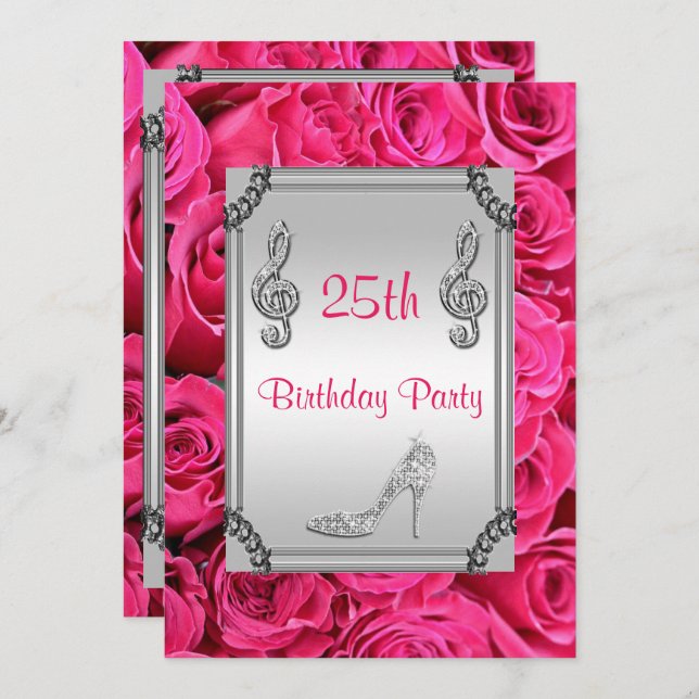 Diamant Musiknote, Stiletto & Pink Roses 25. Einladung (Vorne/Hinten)