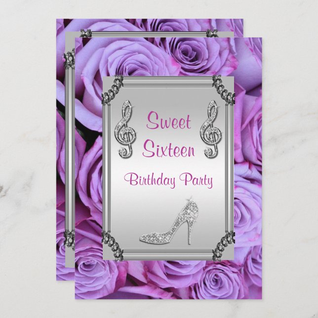 Diamant Musiknote, Stiletto & Rose Sweet 16 Einladung (Vorne/Hinten)