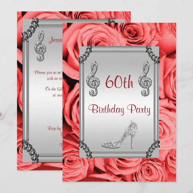 Diamant Musiknote, Stiletto & Rote Rosen 60. Einladung (Vorne/Hinten)