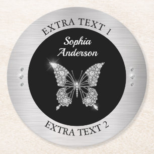 Diamant-Schmetterling, Silber-Metall, Name/Info, S Runder Pappuntersetzer