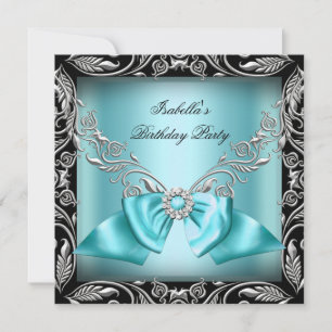 Diamant Teal Blau Bogen Silber Schwarz Geburtstags Einladung