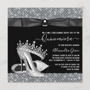 Diamant-Tiara-Schuh Glam Black Tie Quinceanera Einladung