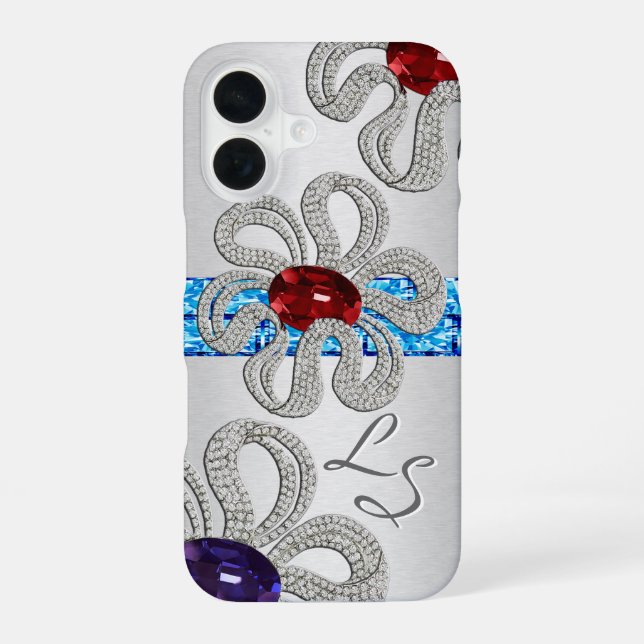 Diamant- und Gem-umkruste Blume (Mit Monogramm) iPhone 16 Hülle (Rückseite)