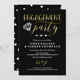 Diamant und Herz  Black & Gold Engagement Party Einladung