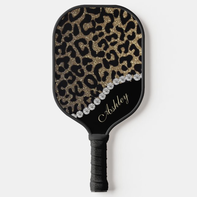 Diamant und Leopard-Glitzer Name hinzufügen Pickleball Schläger (Vorderseite)