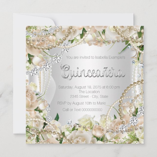 Diamant und Pearl Rose Quinceanera Einladung (Vorderseite)