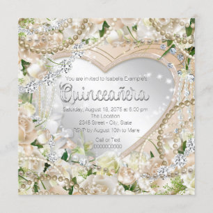 Diamant-und Perlen-weiße Rose Quinceanera Einladung