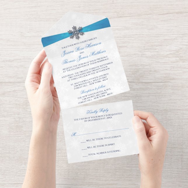 Diamante Snowflake & Blue Ribbon Winter Wedding All-in-One-Einladung (Abreißstreifen)