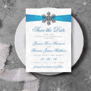Diamante Snowflake & Blue Ribbon Winter Wedding Einladung
