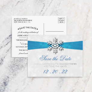Diamante Snowflake & Blue Ribbon Winter Wedding Folie Einladungspostkarte