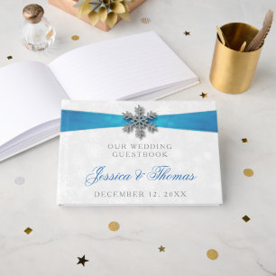 Diamante Snowflake & Blue Ribbon Winter Wedding Gästebuch